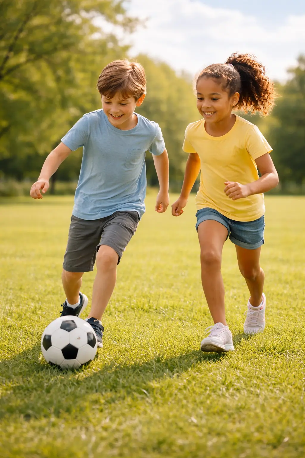 Two children playing football on a grassy park field as active play strategy for ADHD focus and regulation