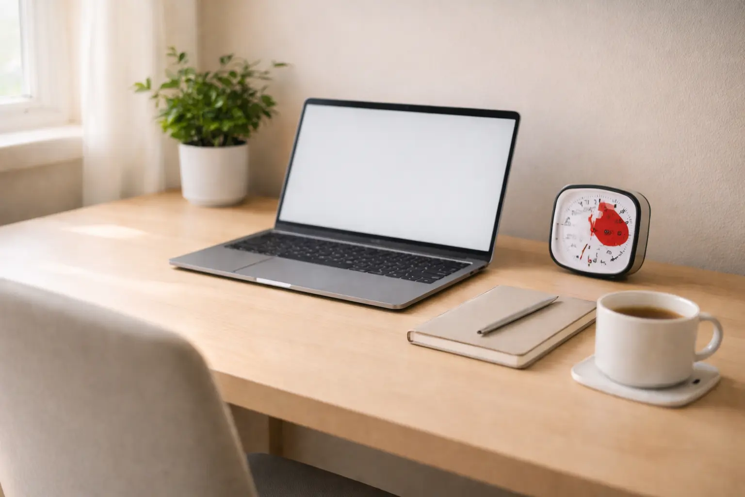 Minimal organised desk with noise-cancelling headphones and visual timer representing ADHD workplace reasonable adjustments funded by Access to Work
