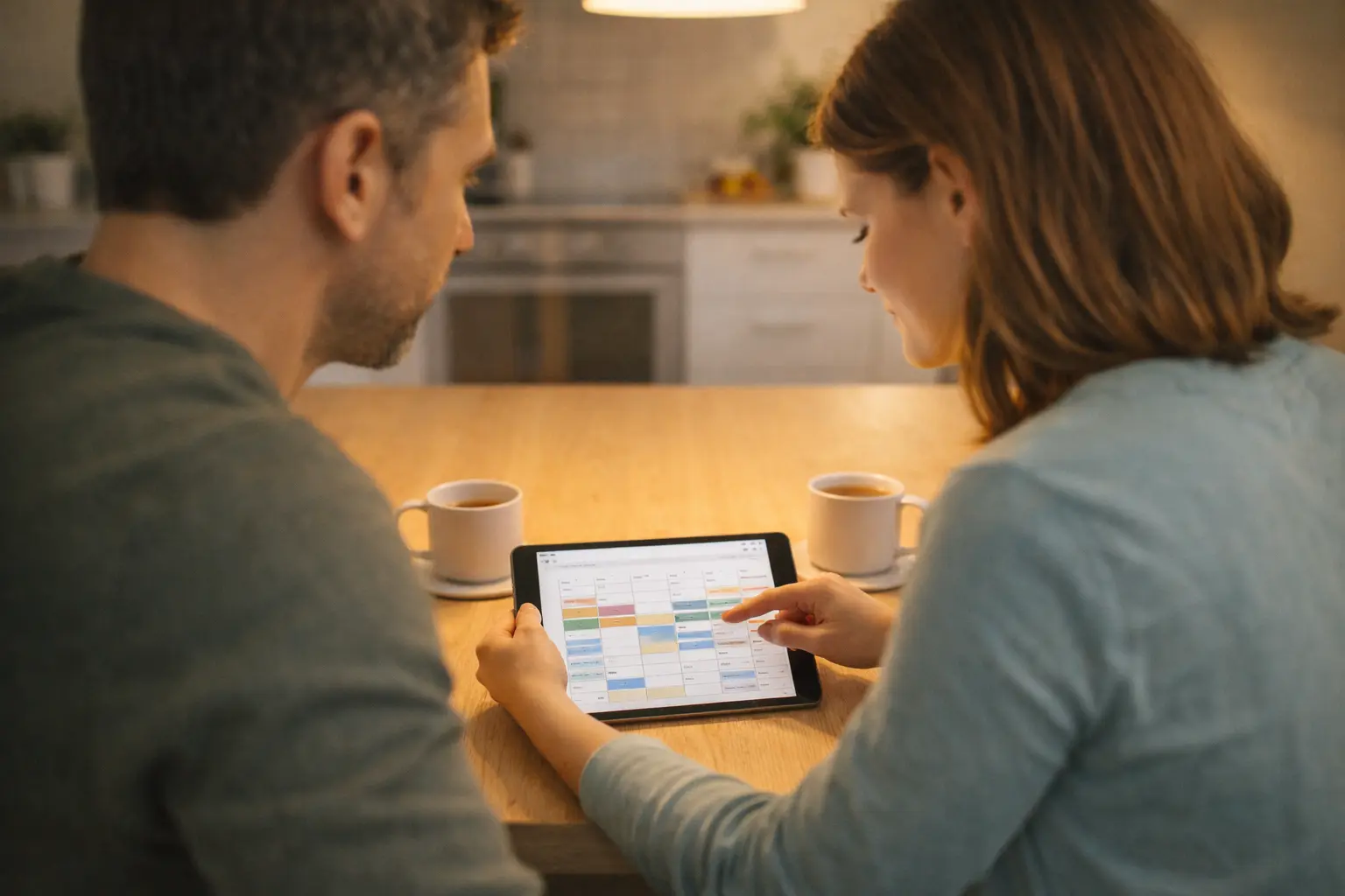 Couple sitting together at a kitchen table reviewing a shared calendar on a tablet as an ADHD relationship strategy