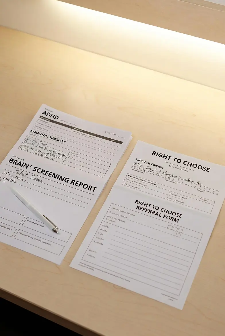 Flat lay of ADHD screening report and clinical letter on a desk representing evidence to present at a private psychiatric assessment