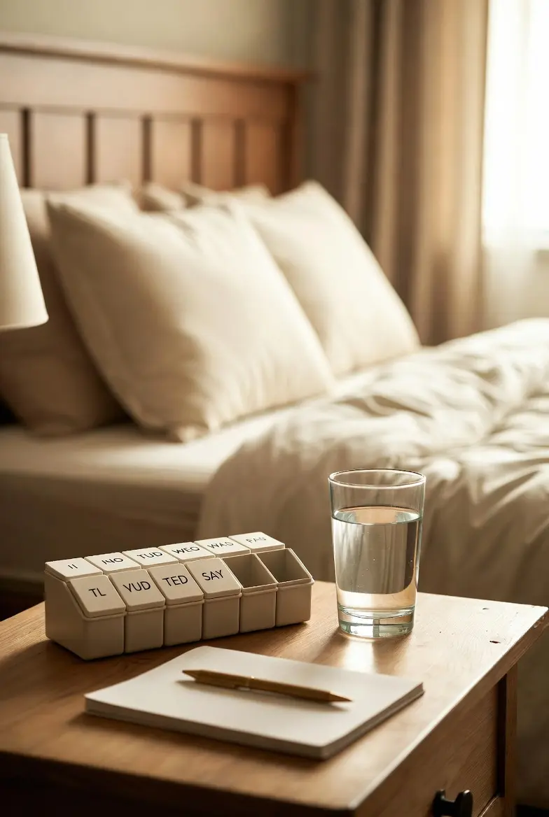 Weekly pill organiser and glass of water on a tidy bedside table in morning light representing a calm ADHD medication routine