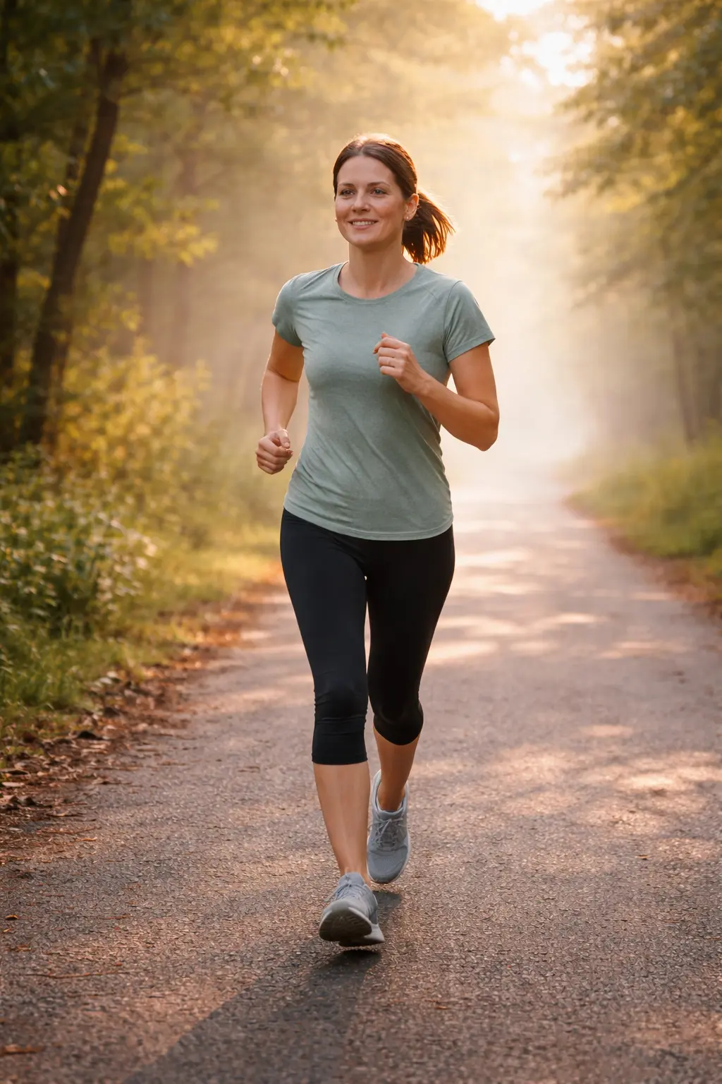 Person jogging on a tree-lined path in early morning light as a circadian rhythm strategy for ADHD sleep