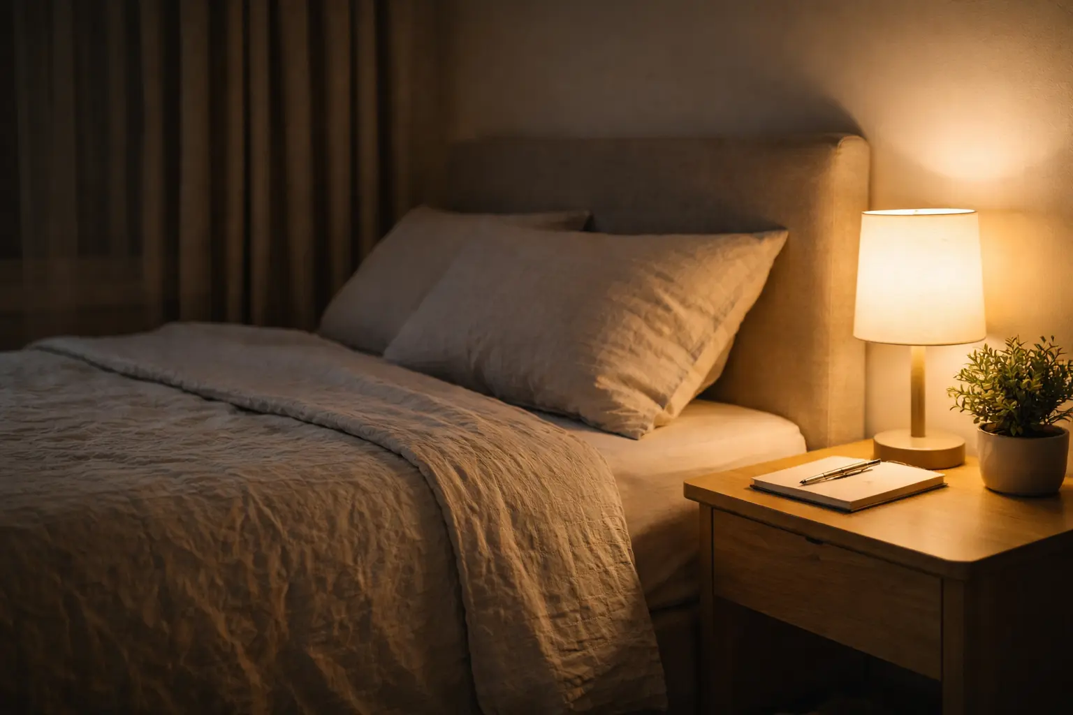 Calm dark bedroom with warm bedside lamp and notebook representing an ADHD-optimised sleep environment