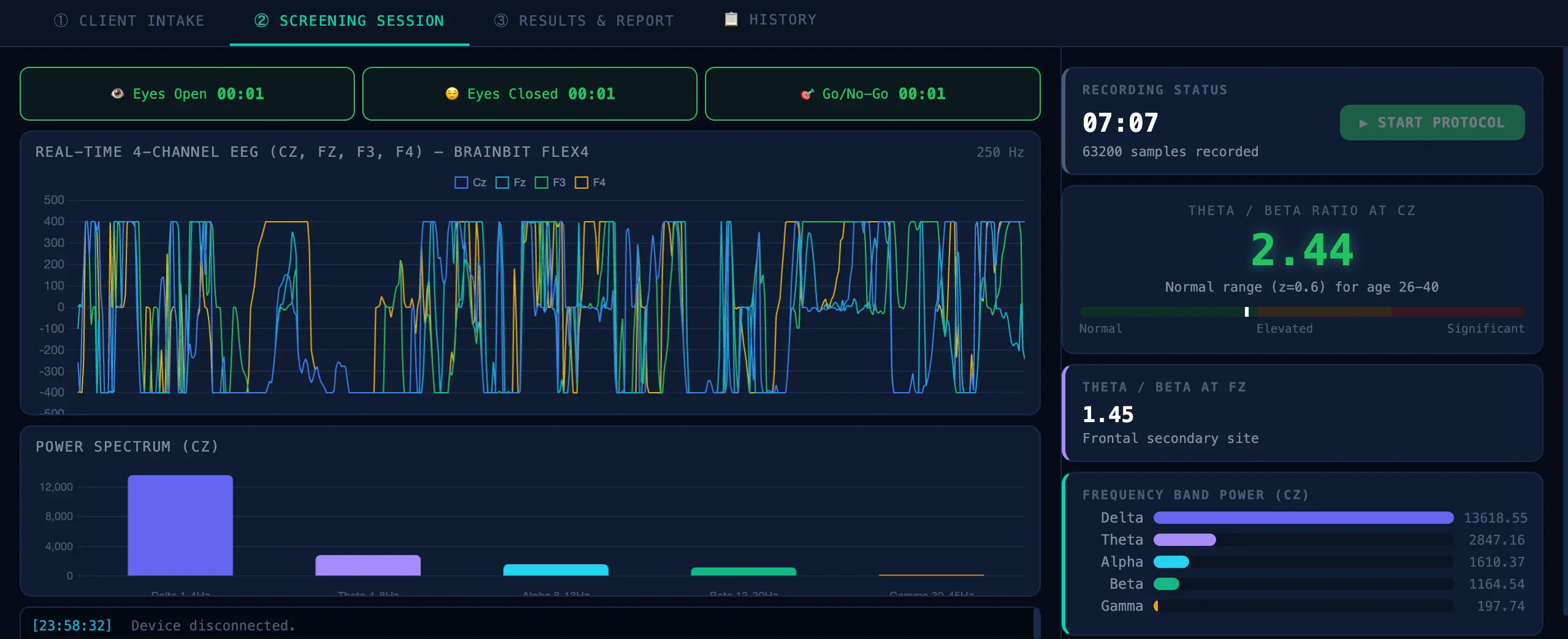 ADHD brain screening dashboard showing live EEG brain waves during eyes-open recording phase