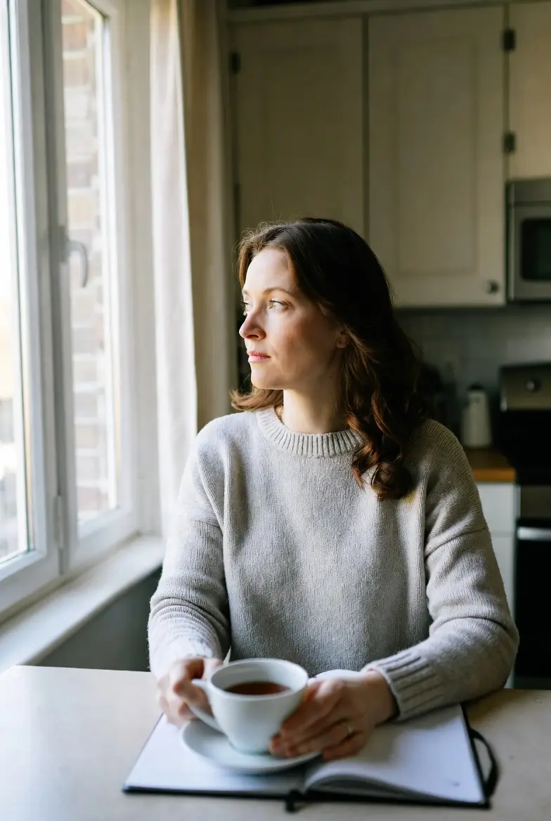 Woman sitting thoughtfully at a kitchen table in morning light representing the experience of late ADHD diagnosis in adulthood