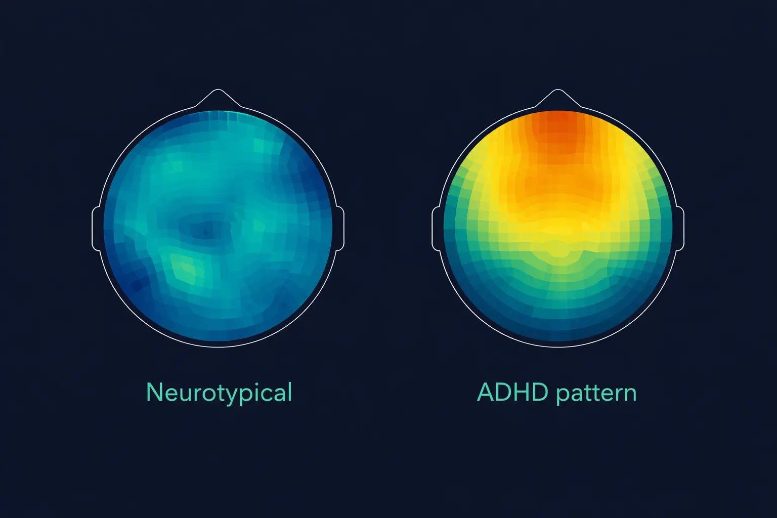 Brain topography heatmap comparison showing elevated frontal theta activity in ADHD versus neurotypical brain pattern
