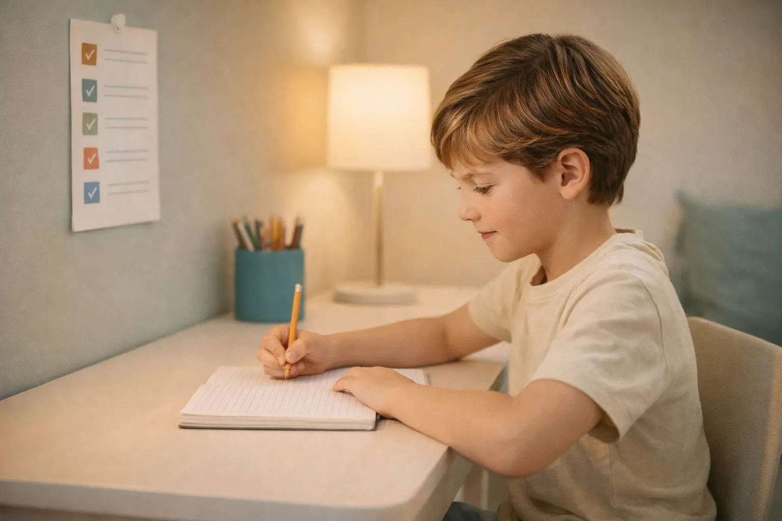 Child aged 8 doing homework at a calm organised desk with a visual checklist on the wall