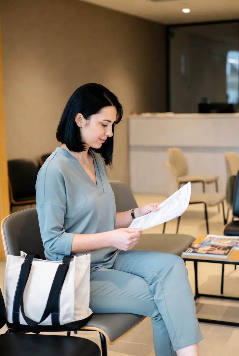 Woman sitting calmly in GP waiting room holding ADHD screening report ready to request a referral instead of waiting on the NHS list