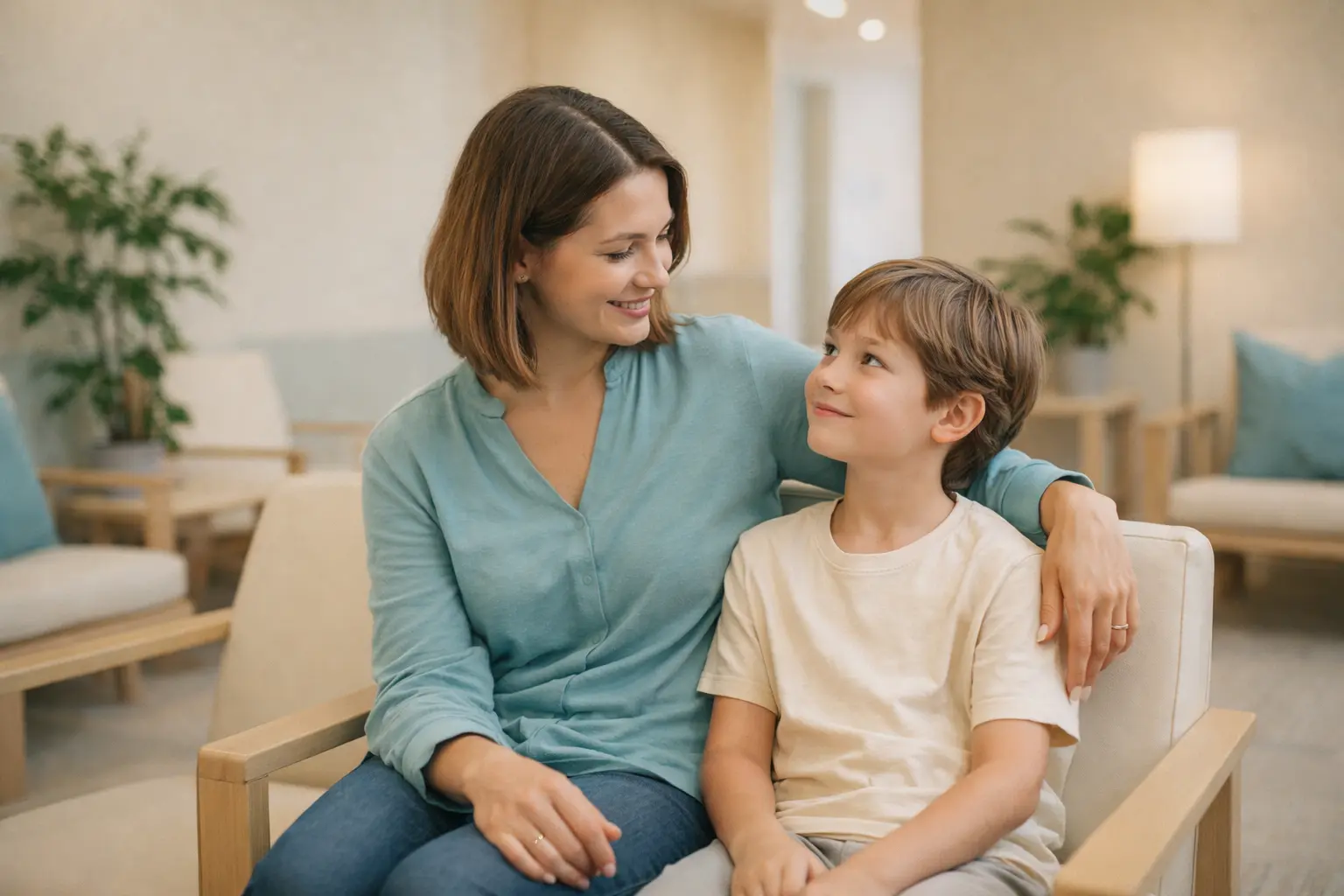 Parent and child sitting comfortably in the ADHD Brain Scan UK clinic waiting area in Macclesfield