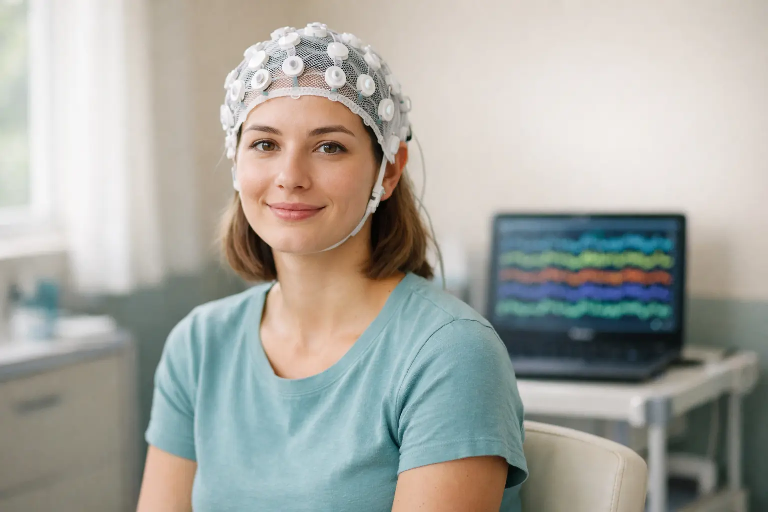 Woman wearing a lightweight EEG cap during an ADHD brain screening session in a calm modern clinic environment